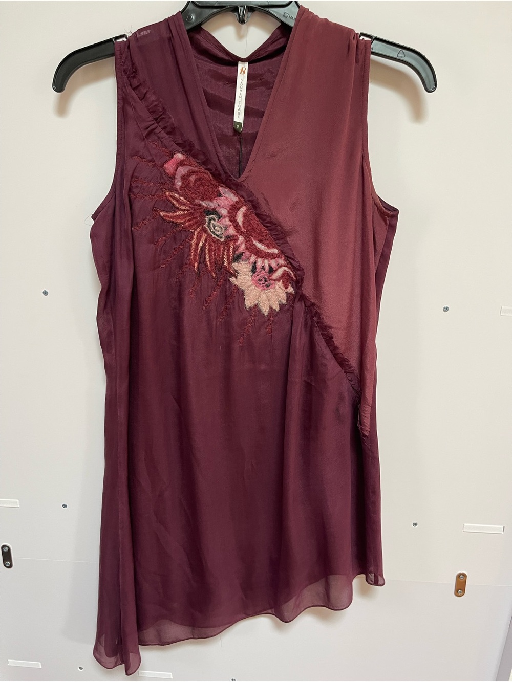 Sachin + Babi Burgundy Sleeveless Embroidered V-Neck Tunic silk
